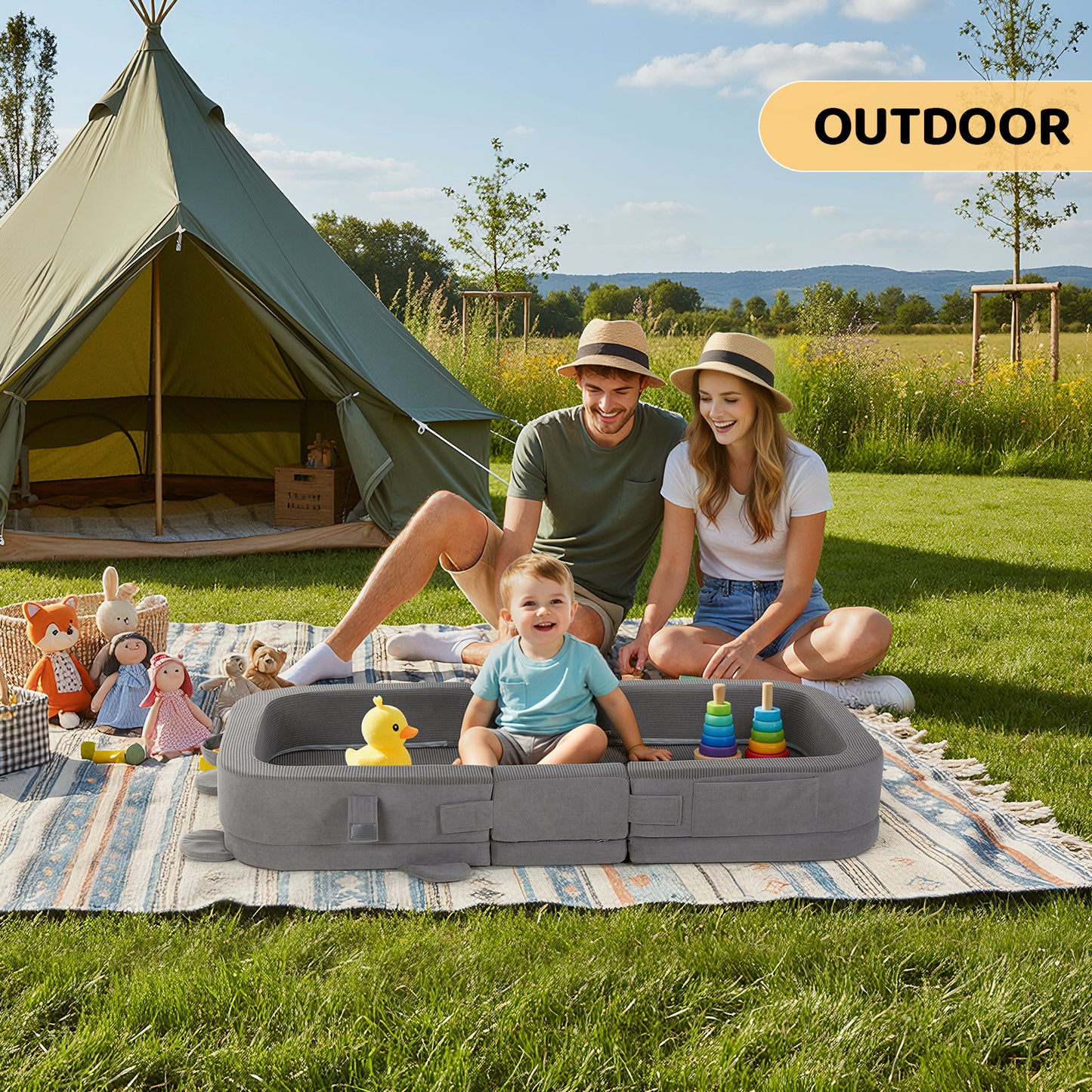 Foldable Toddler Travel Bed, Portable Toddler Floor Bed with Soft Foam for Baby and Kids Aged 1-4,with Washable Cover, Safety Rail, for Home,Hotel,Family Visits,Camping, Grey