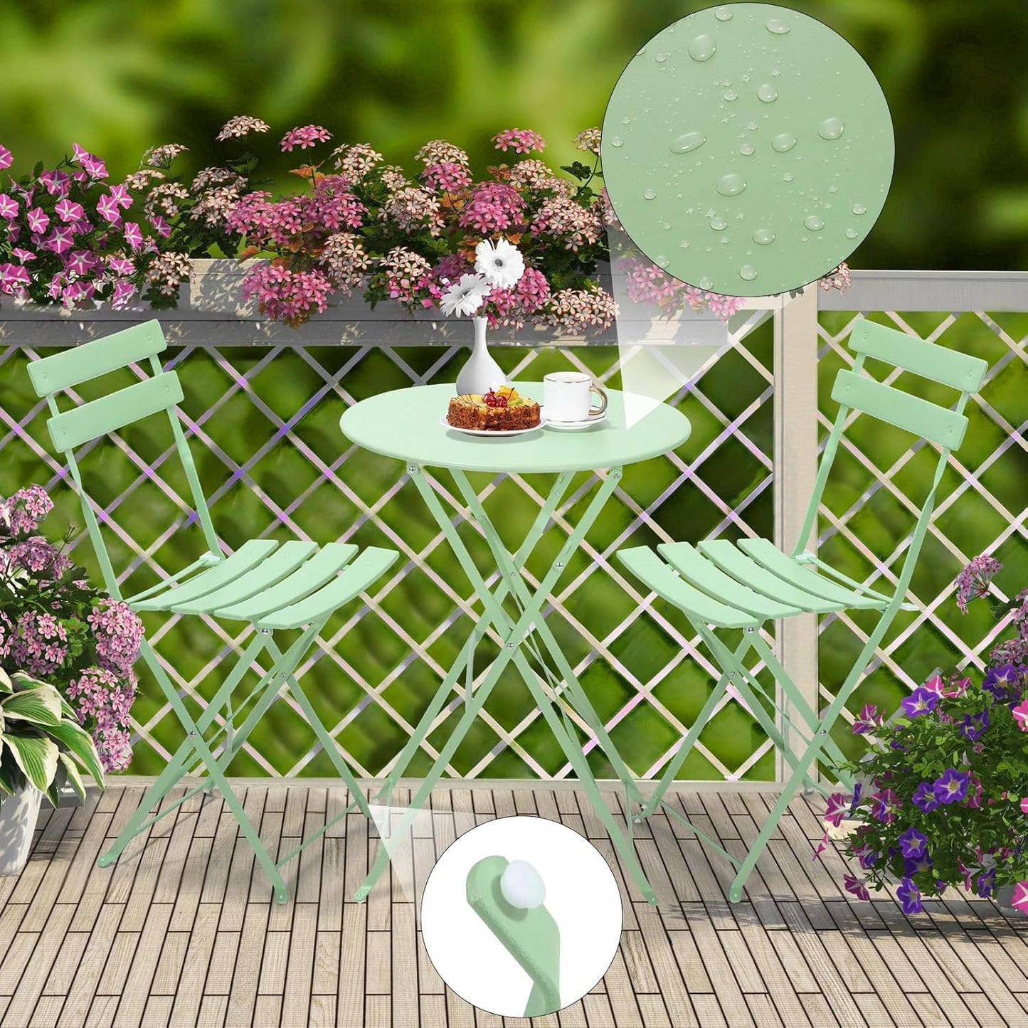 TLGREEN 3-Piece Folding Bistro Set, Outdoor Patio Furniture Set, Bistro table and chairs set of 2, for Patio, Garden, Balcony (Green)