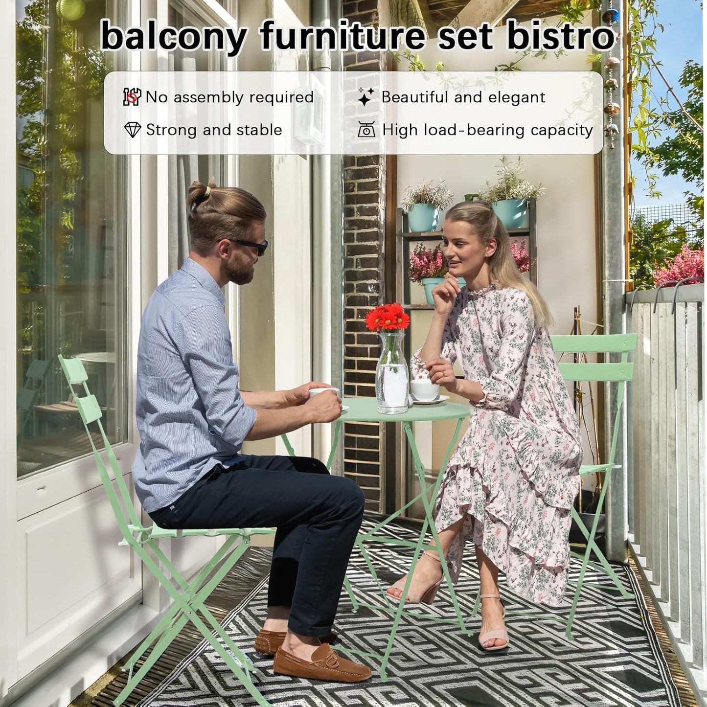 TLGREEN 3-Piece Folding Bistro Set, Outdoor Patio Furniture Set, Bistro table and chairs set of 2, for Patio, Garden, Balcony (Green)