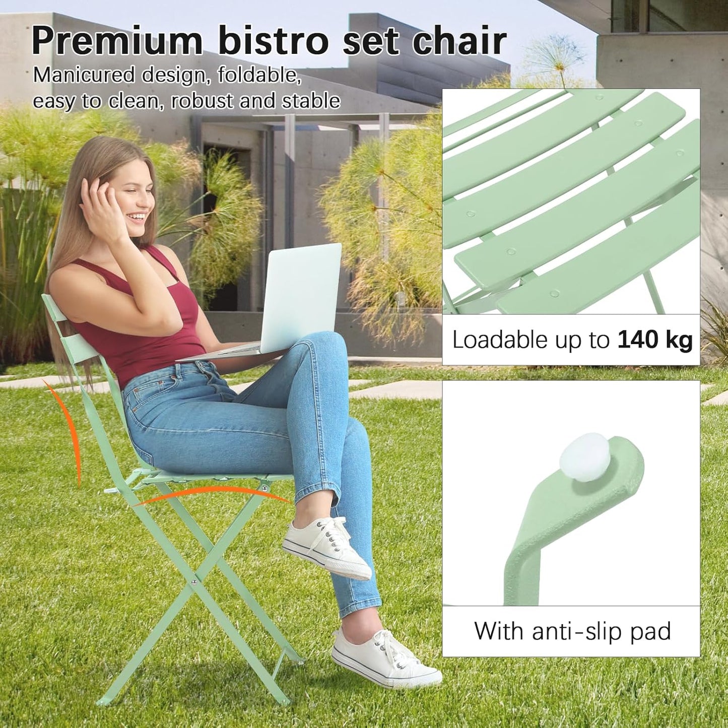 TLGREEN 3-Piece Folding Bistro Set, Outdoor Patio Furniture Set, Bistro table and chairs set of 2, for Patio, Garden, Balcony (Green)