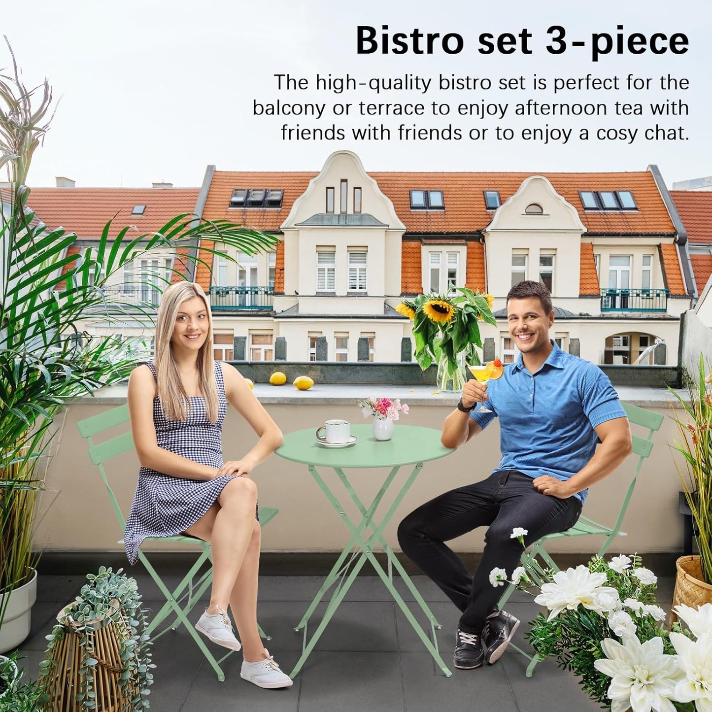 TLGREEN 3-Piece Folding Bistro Set, Outdoor Patio Furniture Set, Bistro table and chairs set of 2, for Patio, Garden, Balcony (Green)