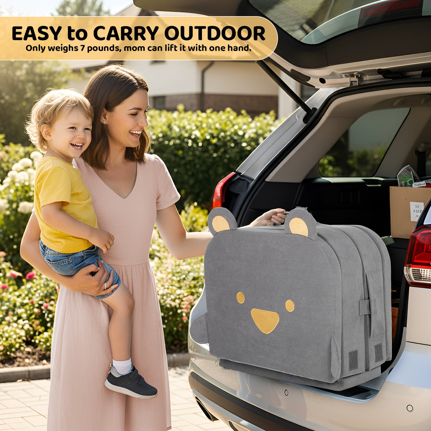 Foldable Toddler Travel Bed, Portable Toddler Floor Bed with Soft Foam for Baby and Kids Aged 1-4,with Washable Cover, Safety Rail, for Home,Hotel,Family Visits,Camping, Grey