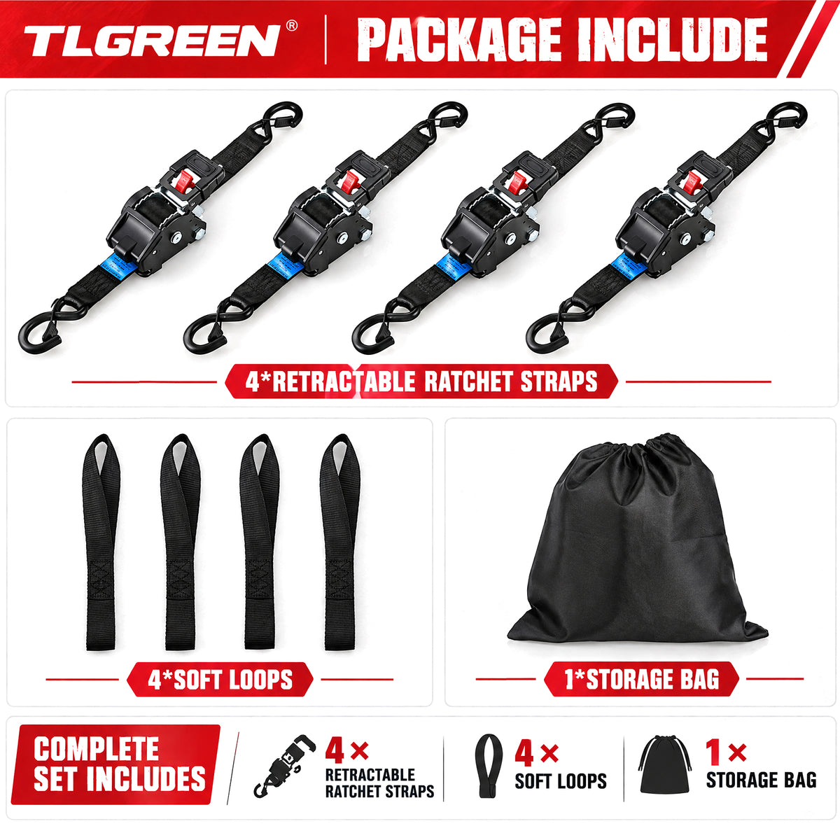 TLGREEN Retractable Ratchet Straps, 2in x10ft, 3033lb, 2-Pack Heavy Duty Auto Self Retracting Tie Downs with Soft Loops & Storage Bag for Motorcycle, Truck, ATV, UTV, Black