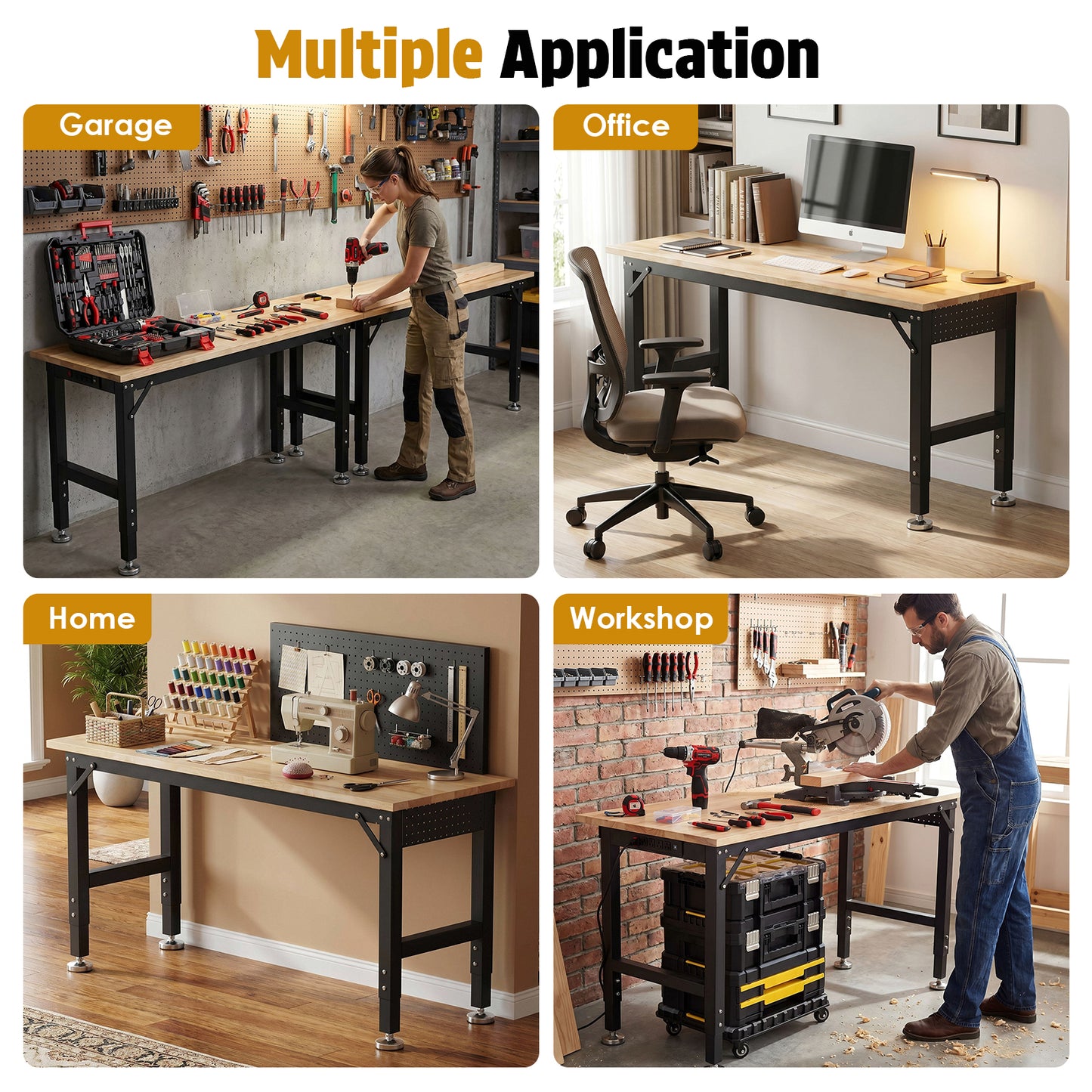 TLGREEN 60" x 22" Heavy Duty Workbench, 2000 LBS Capacity, 31.5-39.5 in Adjustable Work Bench with Power Outlet & Pegboard for Garage