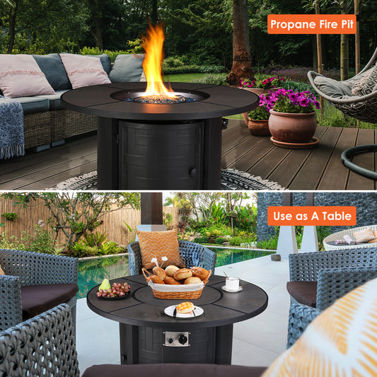 TLGREEN 42" Propane Fire Pit Table with Lid and Blue Stone, 50,000 BTU Auto-Ignition Circular Gas Fire Pit for Outdoor, with Waterproof Cover, CSA Certified