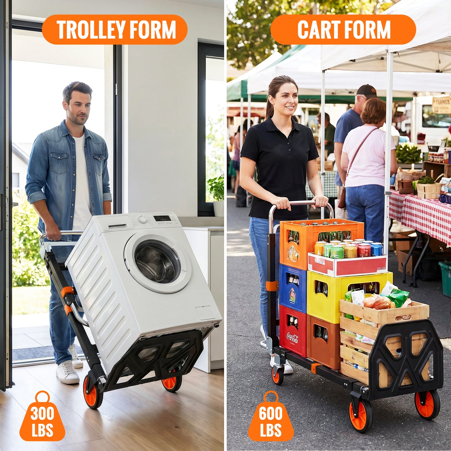 TLGREEN 3 in 1 Folding Hand Truck, 600lb Capacity Convertible Hand Truck Dolly with Silent Swivel Wheels, Heavy Duty Foldable Hand Cart for Moving Households, Shopping Mall, Office, Outdoor Tasks