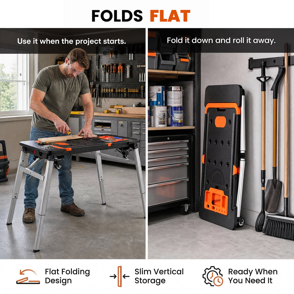 TLGREEN 7-in-1 Multifunctional Folding Work Table, Portable Adjustable Workbench for Garage/Home, as Sawhorse, Scaffold, Platform, Car Creeper, Hand Truck with Wheels
