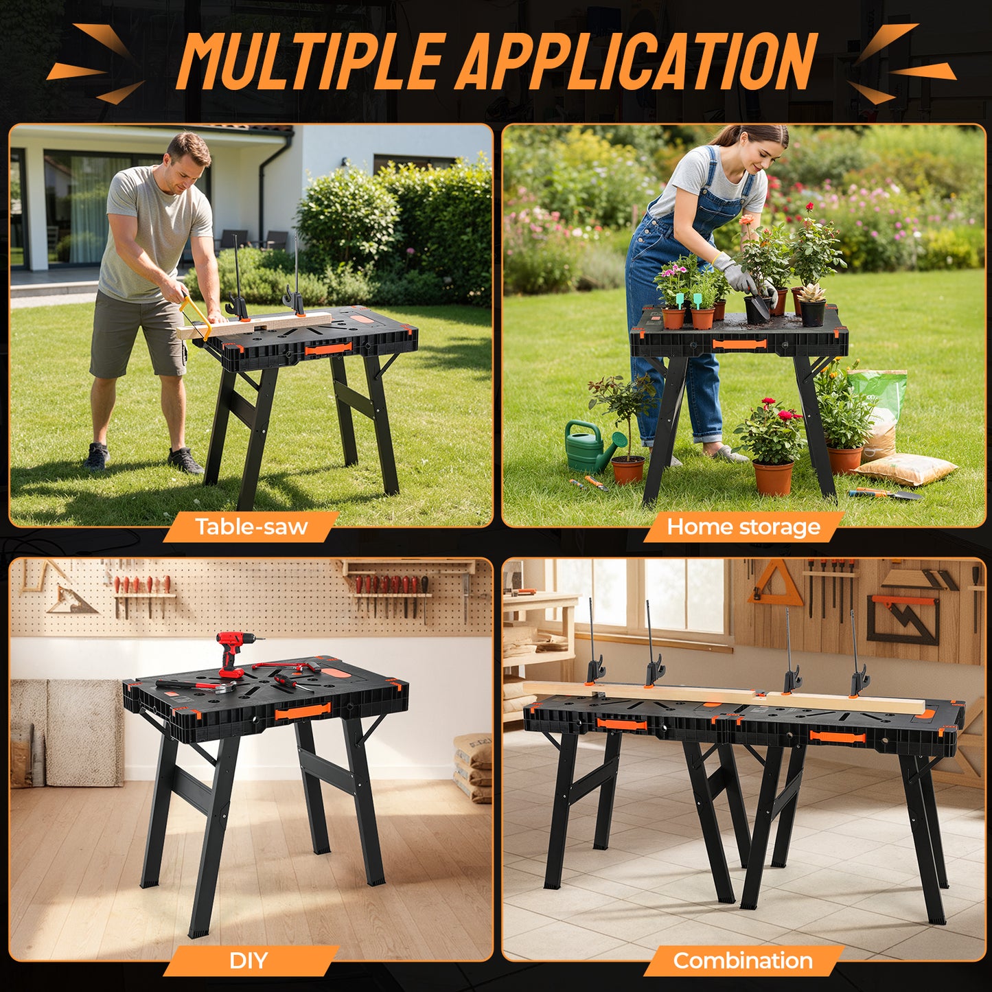TLGREEN Folding Work Table, Express Portable Work Bench, 33.9" W x 22.4" D x 31.5" H Lightweight Workbench with 2 Clamps, 2 Clamp Dogs, Power Strip, for Garage,Table Saw,Home,DIY Projects,330lbs