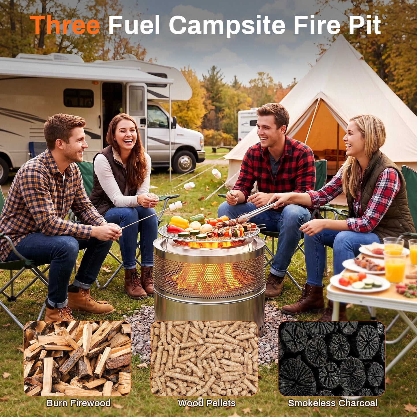 TLGREEN 19.7" Stainless Steel Smokeless Fire Pit with Grill Grate, Wood Burning with Carrying Bag & Fire Poker, for Outdoor Warmth/Camping/Backyard & Patio Gatherings, Fits 3-6 People