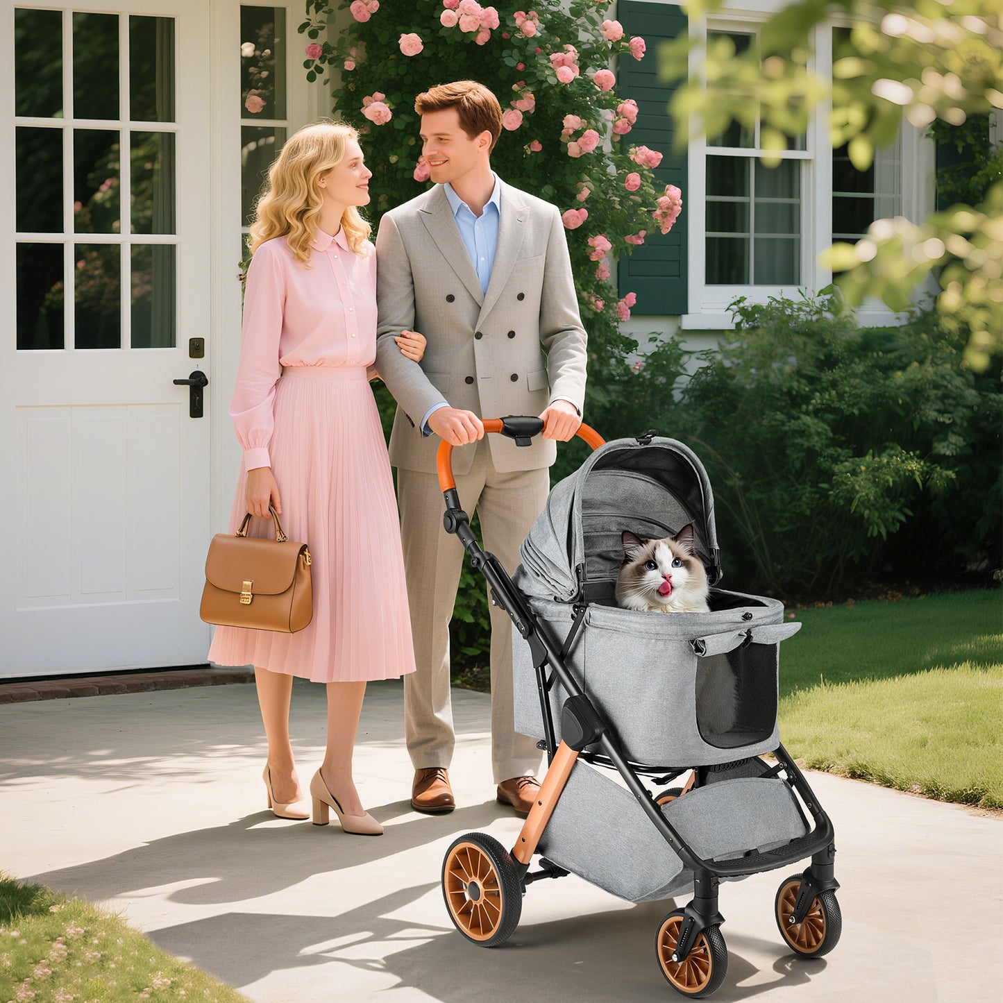 TLGREEN Foldable Dog Stroller for Medium Small Dogs Cats Up to 55 Lbs, Aluminum and Carbon Steel Frame Pet Stroller with Cup Holder, Adjustable Height