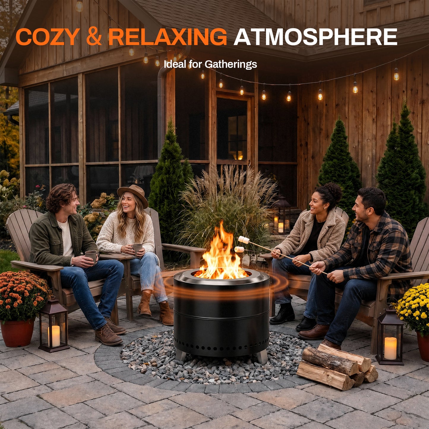 TLGREEN 19.3" Smokeless Stainless Steel Outdoor Fire Pit with Grill & Legs, Portable Fire Pit with Carrying Bag & Fire Poker, for Camping, Patio & Backyard, Wood Burning, Ideal for 3–5 People