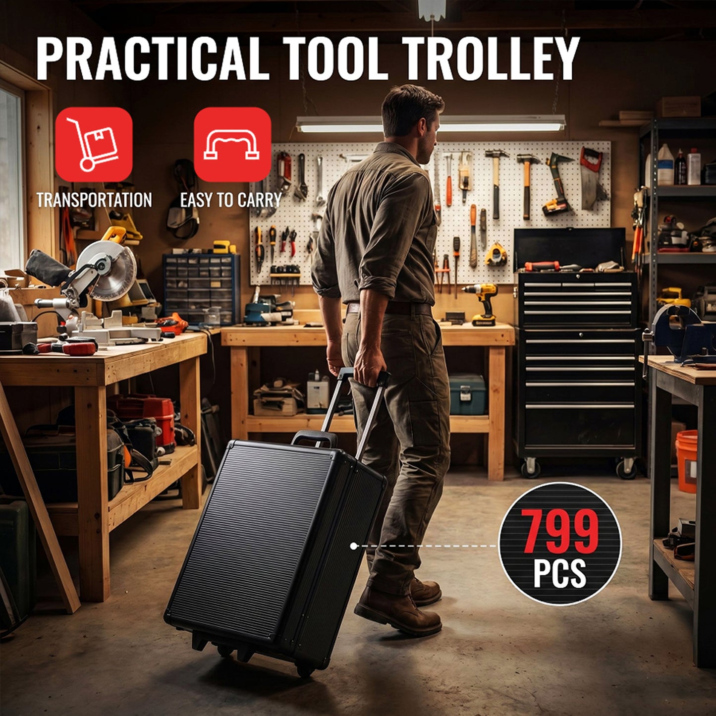 799pcs Mechanic Tool Set with Aluminum Trolley Case, Industrial Hand Tool Set，Tool Box Kit for Home, Dorm,Garage, and Automotive, Complete Tool Set,with 2 Gloves, 500 Plastic Ribbons