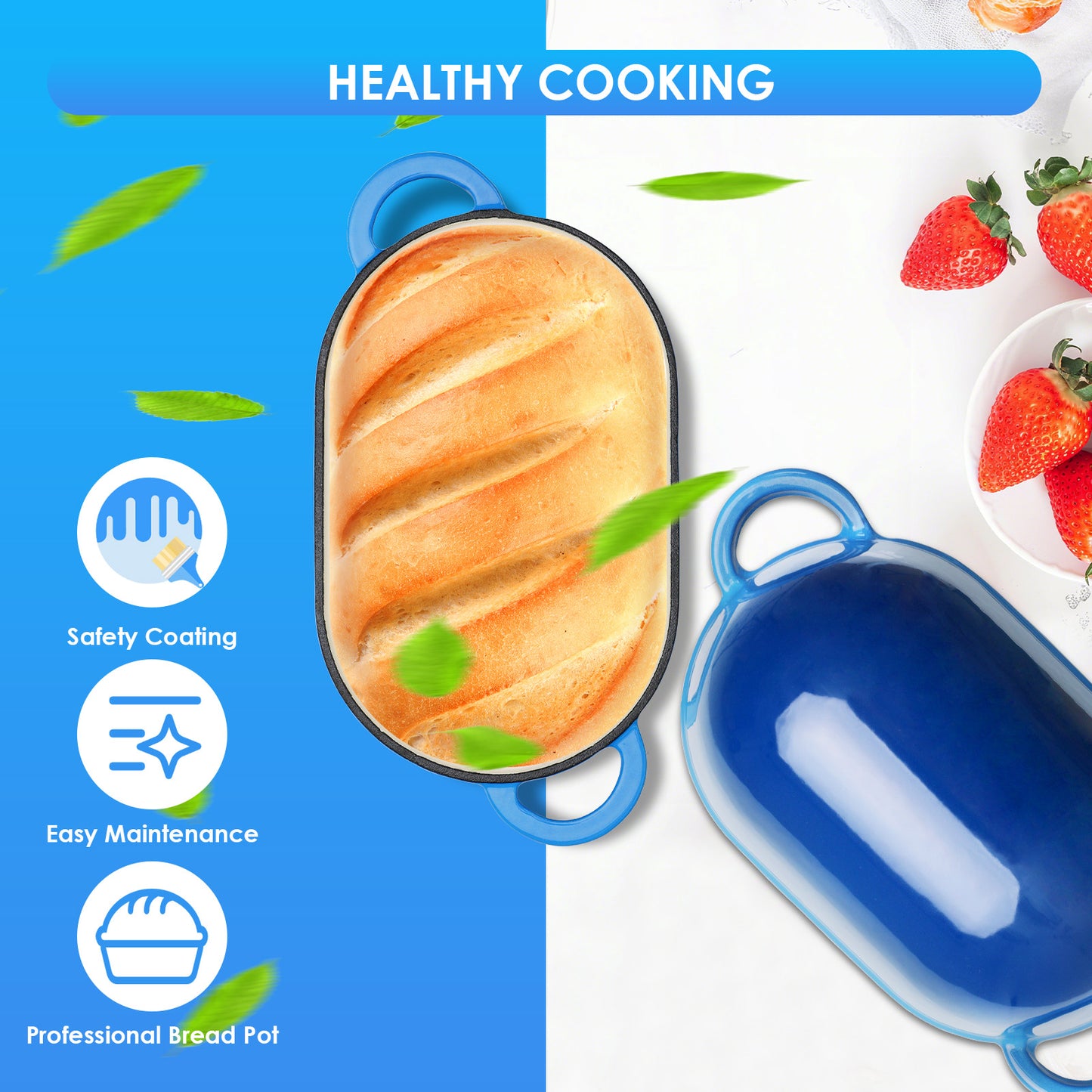 TLGREEN 2.5qt Enameled Cast Iron Dutch Oven for Bread Baking, Oven Safe Dutch Oven Pot with Lid, Non-Stick Bread Oven Pot, Blue