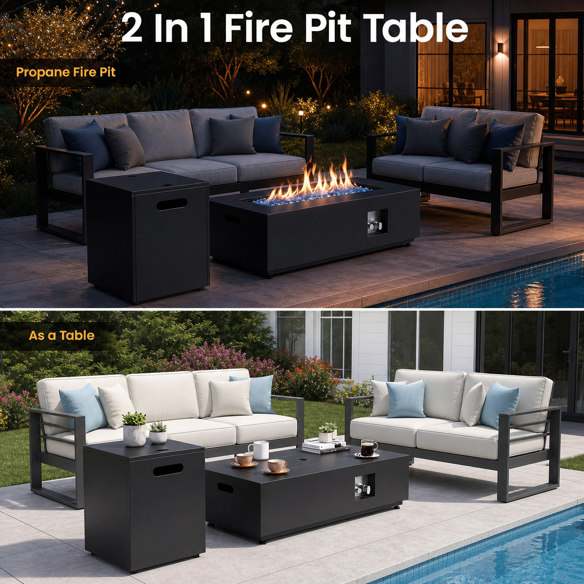 TLGREEN 42" Outdoor Propane Fire Pit Table, 50000 BTU, 304 Stainless Steel Burner, Rectangle Gas Fire Pit Table,Hidden Tank Storage, Lid & Cover, for Patio & Backyard