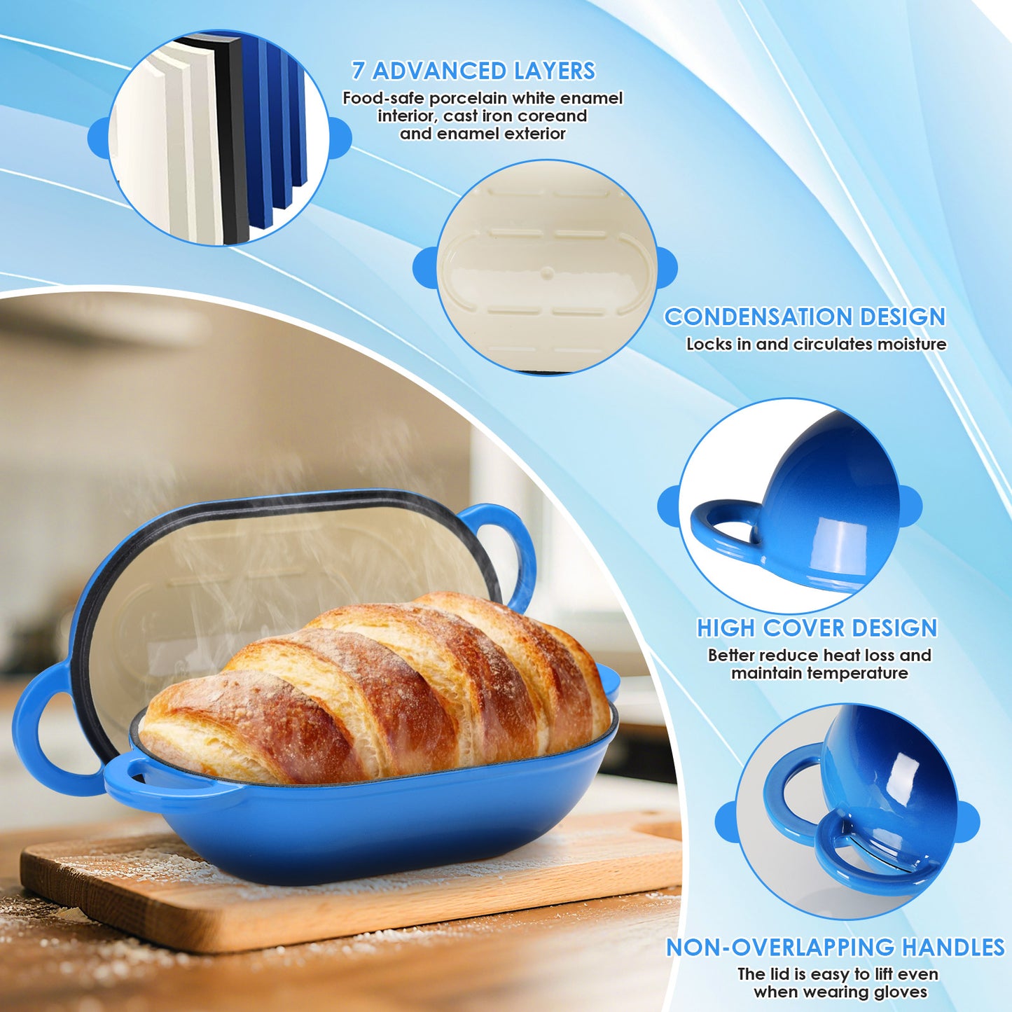 TLGREEN 2.5qt Enameled Cast Iron Dutch Oven for Bread Baking, Oven Safe Dutch Oven Pot with Lid, Non-Stick Bread Oven Pot, Blue