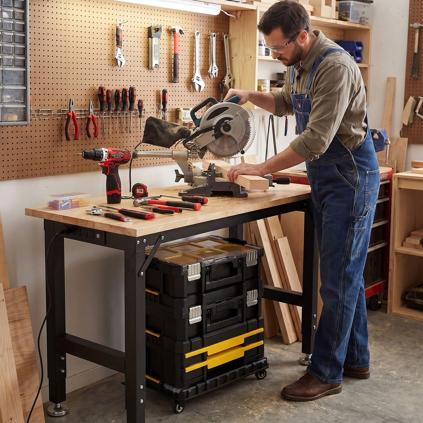 TLGREEN 48" x 20" Heavy Duty Workbench, 2000 LBS Capacity, 31.5-39.5 in Adjustable Work Bench with Power Outlet & Pegboard for Garage