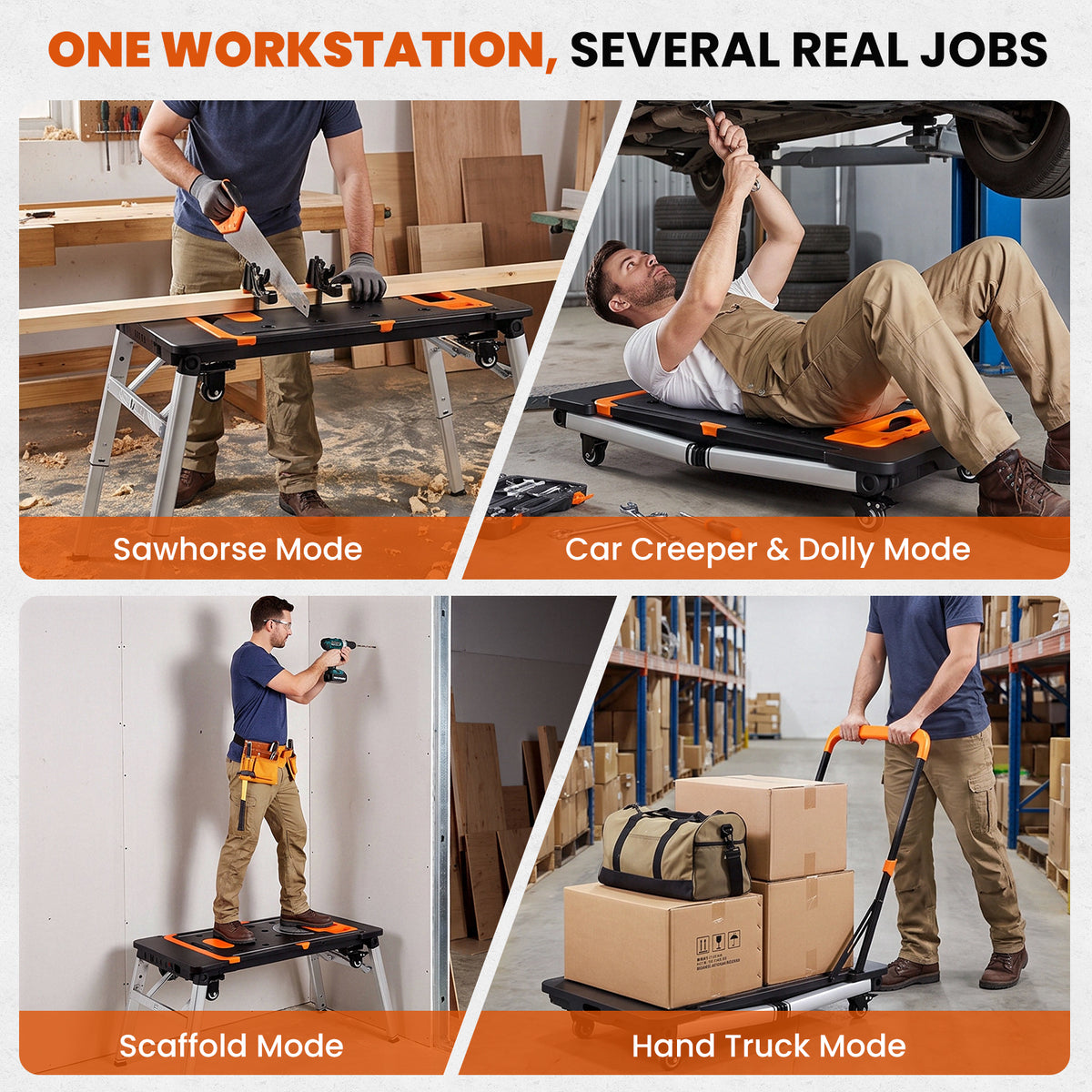 TLGREEN 7-in-1 Multifunctional Folding Work Table, Portable Adjustable Workbench for Garage/Home, as Sawhorse, Scaffold, Platform, Car Creeper, Hand Truck with Wheels