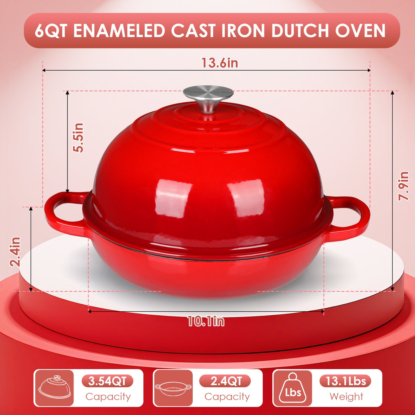 TLGREEN 6qt Enameled Cast Iron Dutch Oven for Bread Baking, Non-Stick Dome-Shaped Bread Oven Pot with Lid, Silicone Handles and Scraper, Red