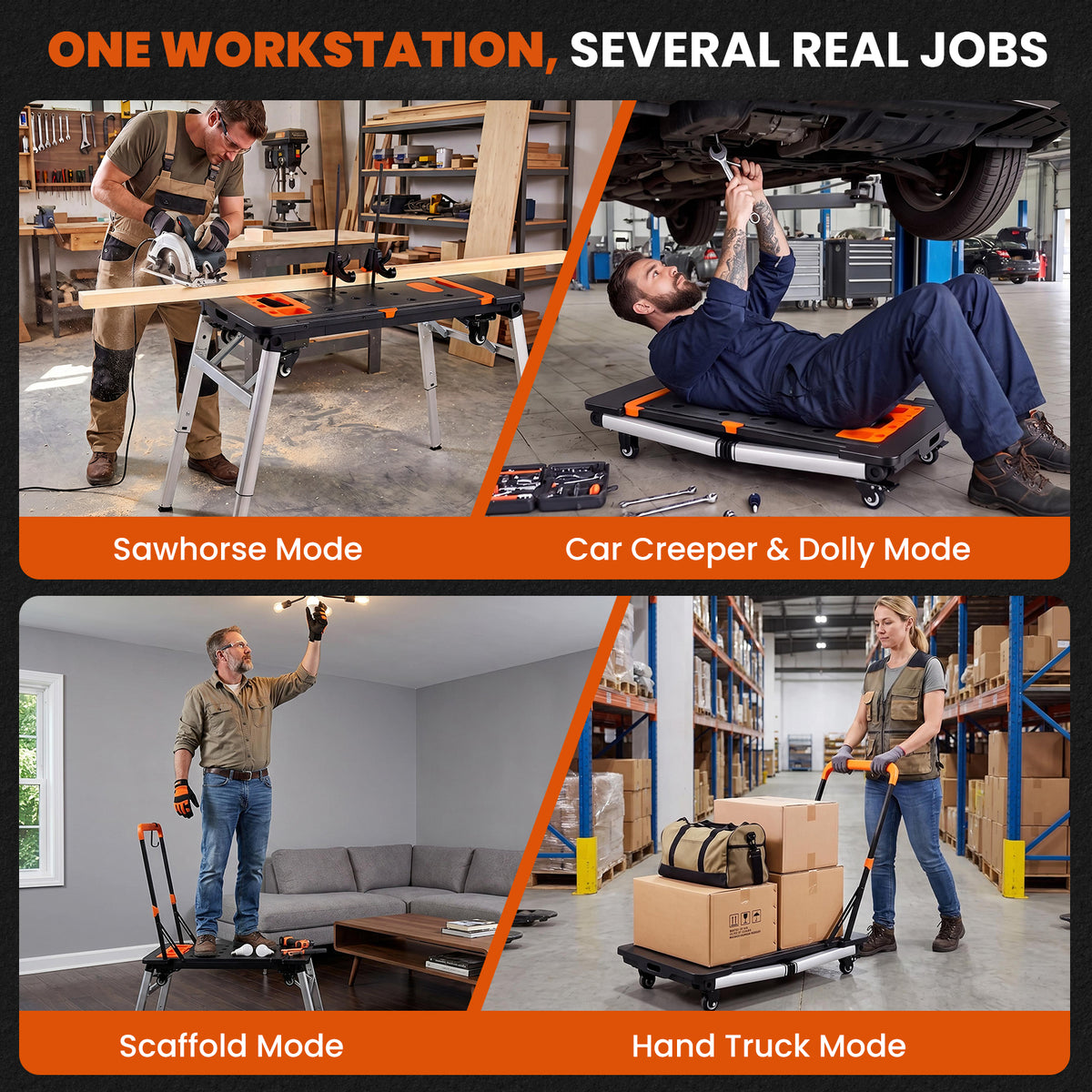 TLGREEN 7-in-1 Multifunctional Portable Workbench with Wheels. Folding Work Table Converts to Sawhorse, Scaffold, Creeper, Dolly and Hand Truck; Mobile Setup for Garage Projects, DIY