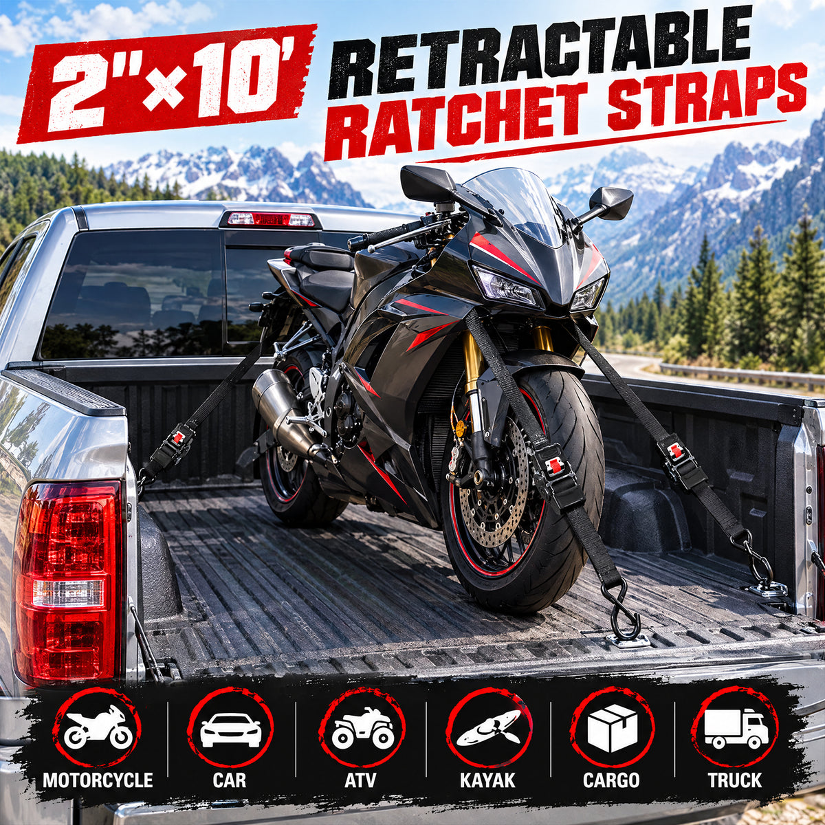 TLGREEN Retractable Ratchet Straps, 2in x10ft, 3033lb, 2-Pack Heavy Duty Auto Self Retracting Tie Downs with Soft Loops & Storage Bag for Motorcycle, Truck, ATV, UTV, Black