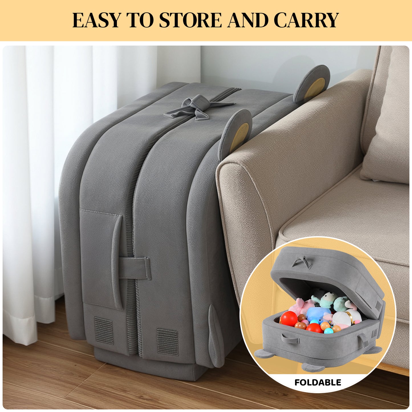 Foldable Toddler Travel Bed, Portable Toddler Floor Bed with Soft Foam for Baby and Kids Aged 1-4,with Washable Cover, Safety Rail, for Home,Hotel,Family Visits,Camping, Grey