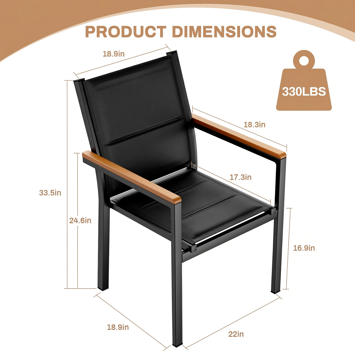TLGREEN Patio Dinning Chairs Set of 2, Stackable Aluminum Chair with Quilted Textilene & WPC Handrail, All Weather Outdoor Chair for Patio, Balcony, Poolside & Restaurants, Black
