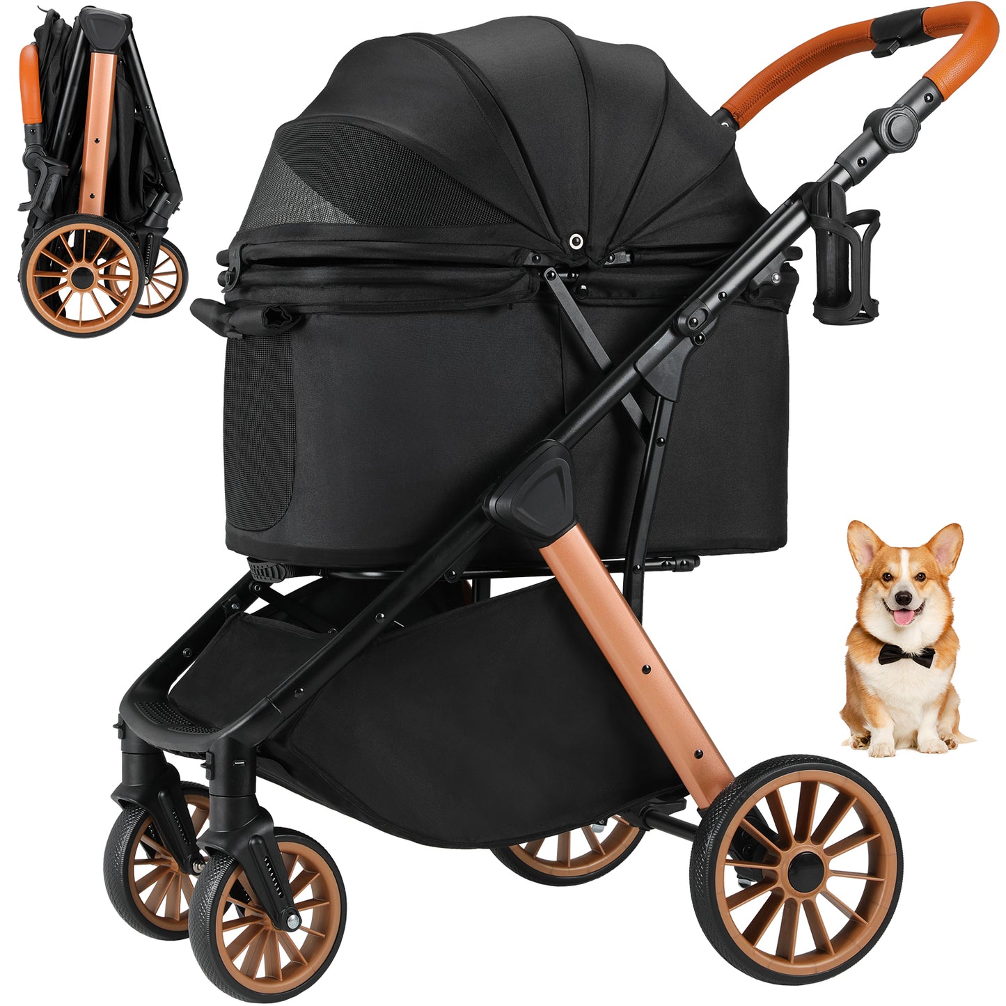 TLGREEN Foldable Dog Stroller for Medium Small Dogs Cats Up to 55 Lbs, Aluminum and Carbon Steel Frame Pet Stroller with Cup Holder, Adjustable Height