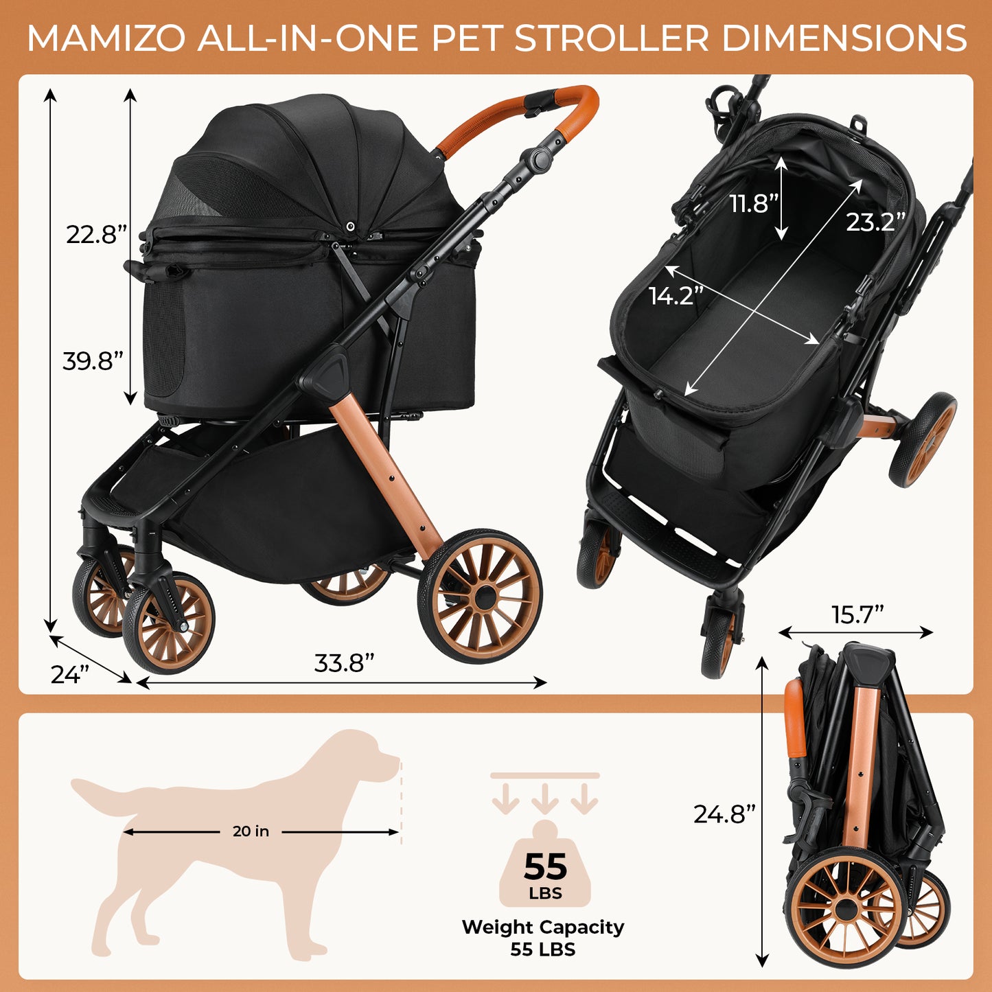 TLGREEN Foldable Dog Stroller for Medium Small Dogs Cats Up to 55 Lbs, Aluminum and Carbon Steel Frame Pet Stroller with Cup Holder, Adjustable Height